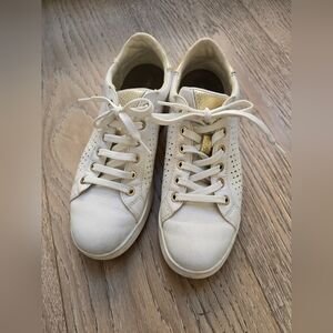Geox Women White Leather Lace-Up Sneakers with Gold Accents - Size 8
